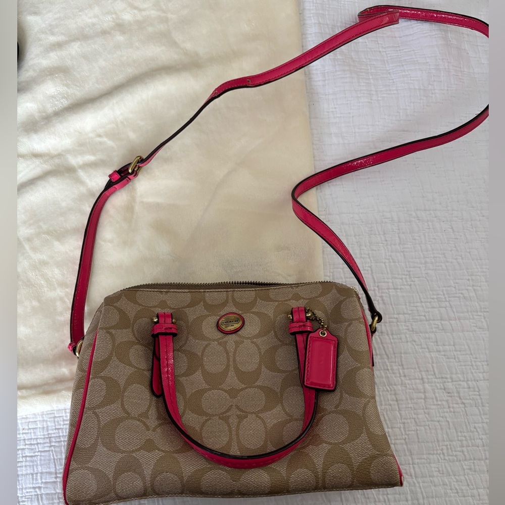 Coach Light Brown Logo with Pink Leather Strap Cross Body Bag